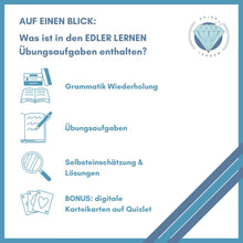 Lade das Bild in den Galerie-Viewer, Auf einen Blick: Was ist in den EDLER LERNEN Übungsaufgaben zu a Deklination in Latein enthalten? Die Grammatik Wiederholung, 15 Übungsaufgaben, eine Selbsteinschätzung für den Schüler, die entsprechenden Lösungen und als KOSTENLOSEN Bonus auch digitale Karteikarten auf Quizlet.
