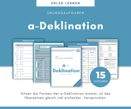 Produktbild 1 der a Deklination für Latein. Man sieht 5 Bilder, die sich überlappen und das Deckblatt, die Grammatik Wiederholung, zwei Aufgaben und die Lösungen darstellen. Zudem ist ein kreis mit der Zahl 