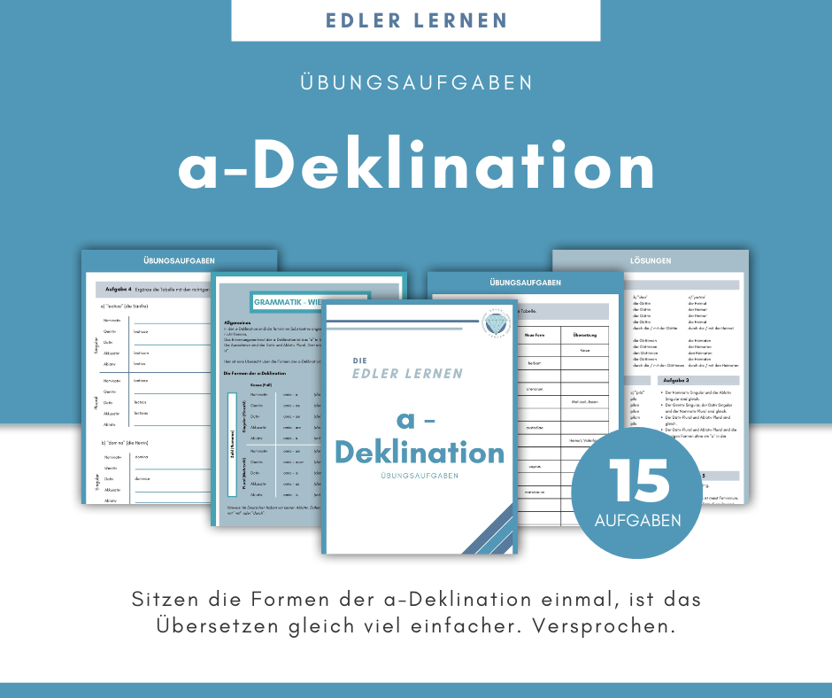 Produktbild 1 der a Deklination für Latein. Man sieht 5 Bilder, die sich überlappen und das Deckblatt, die Grammatik Wiederholung, zwei Aufgaben und die Lösungen darstellen. Zudem ist ein kreis mit der Zahl 